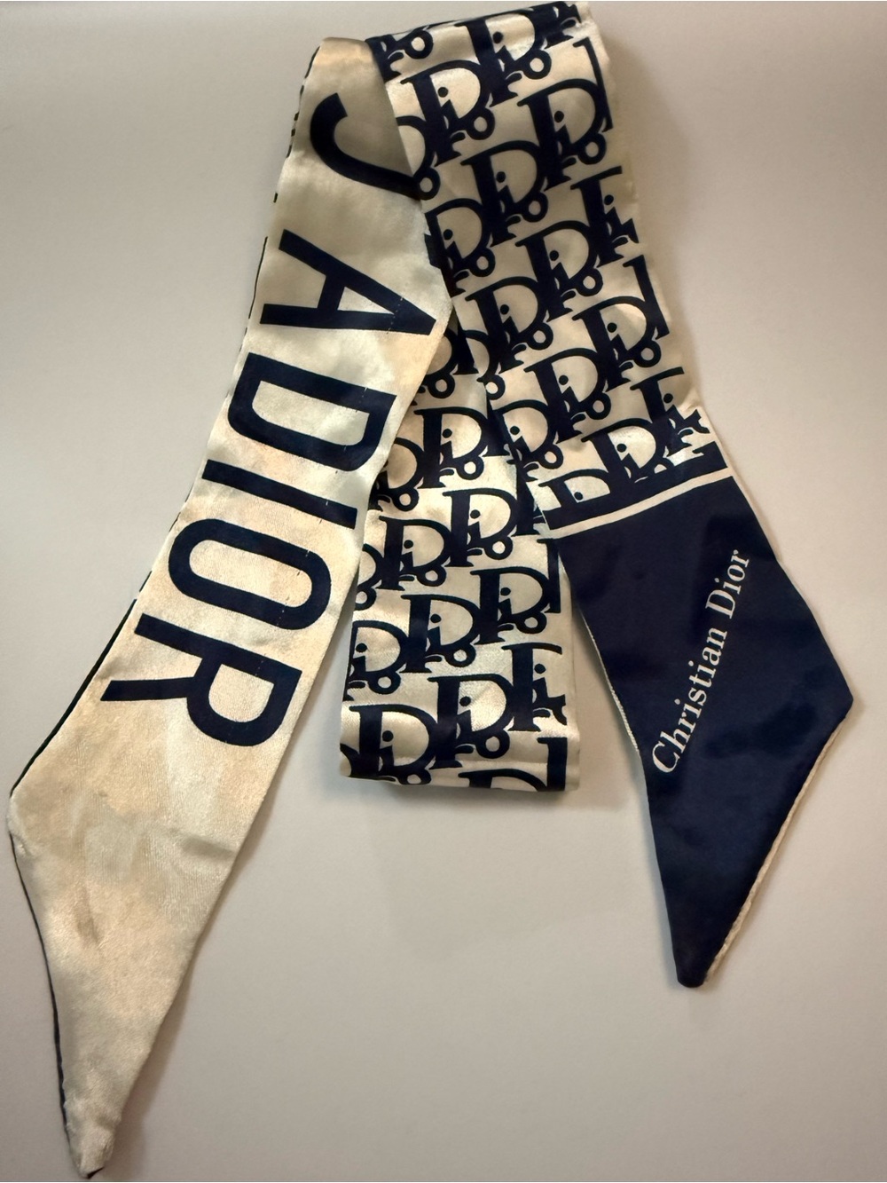 Christian Dior Navy and Cream vintage Logo Silk Twilly Scarf